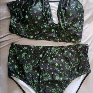 Killstar Black and Neon Green Celestial High-Waist Bikini Set